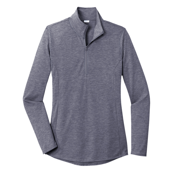 Sport Tek Women's PosiCharge ® Tri Blend Wicking 1/4 Zip Pullover, True Navy Heather, Front view