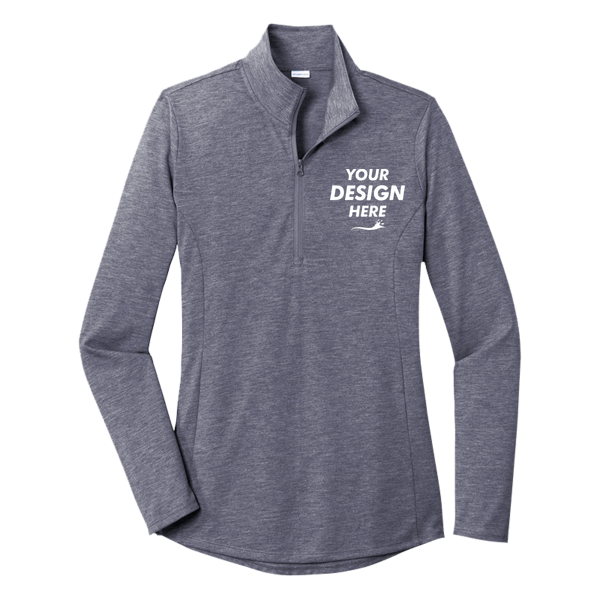 Sport Tek Women's PosiCharge ® Tri Blend Wicking 1/4 Zip Pullover, True Navy Heather, Front view, Mockup
