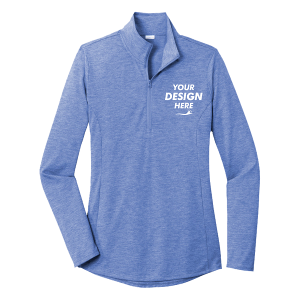 Sport Tek Women's PosiCharge ® Tri Blend Wicking 1/4 Zip Pullover, True Royal Heather, Front view, Mockup