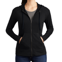 Sport Tek Women's PosiCharge ® Tri Blend Wicking Fleece Full Zip Hooded Jacket, Black Triad Solid, Front view