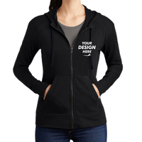 Sport Tek Women's PosiCharge ® Tri Blend Wicking Fleece Full Zip Hooded Jacket, Black Triad Solid, Front view, Mockup