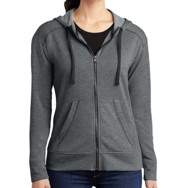 Sport Tek Women's PosiCharge ® Tri Blend Wicking Fleece Full Zip Hooded Jacket, Dark Grey Heather, Front view
