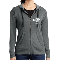 Sport Tek Women's PosiCharge ® Tri Blend Wicking Fleece Full Zip Hooded Jacket, Dark Grey Heather, Front view, Mockup