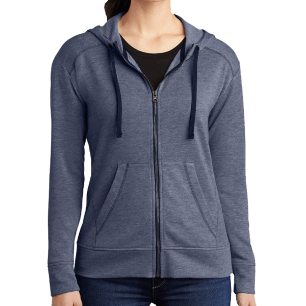 Sport Tek Women's PosiCharge ® Tri Blend Wicking Fleece Full Zip Hooded Jacket, True Navy Heather, Front view