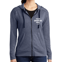Sport Tek Women's PosiCharge ® Tri Blend Wicking Fleece Full Zip Hooded Jacket, True Navy Heather, Front view, Mockup