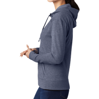 Sport Tek Women's PosiCharge ® Tri Blend Wicking Fleece Full Zip Hooded Jacket, True Navy Heather, Left Sleeve view
