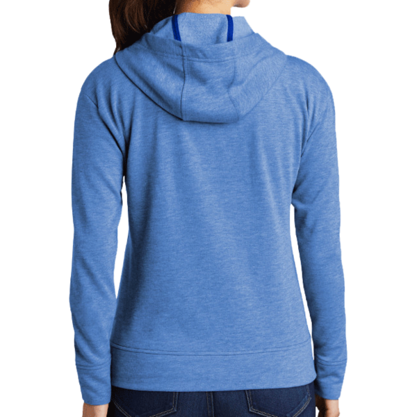 Sport Tek Women's PosiCharge ® Tri Blend Wicking Fleece Full Zip Hooded Jacket, True Royal Heather, Back view
