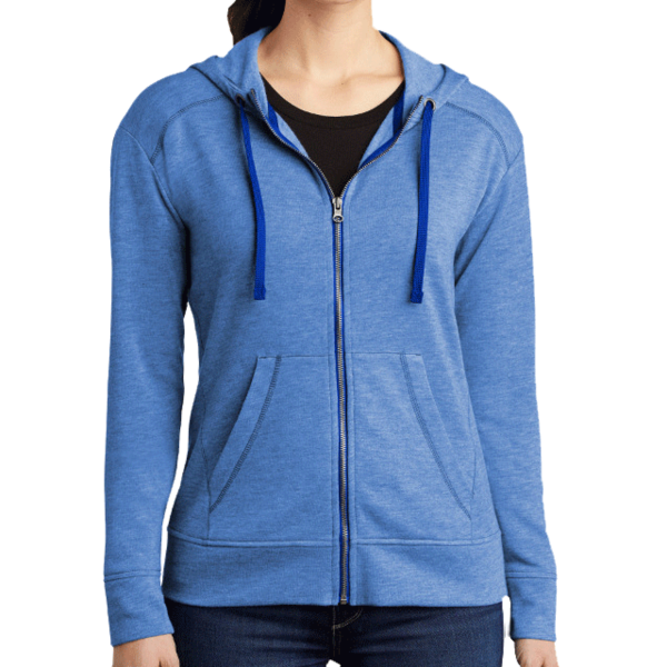 Sport Tek Women's PosiCharge ® Tri Blend Wicking Fleece Full Zip Hooded Jacket, True Royal Heather, Front view