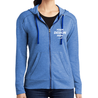 Sport Tek Women's PosiCharge ® Tri Blend Wicking Fleece Full Zip Hooded Jacket, True Royal Heather, Front view, Mockup