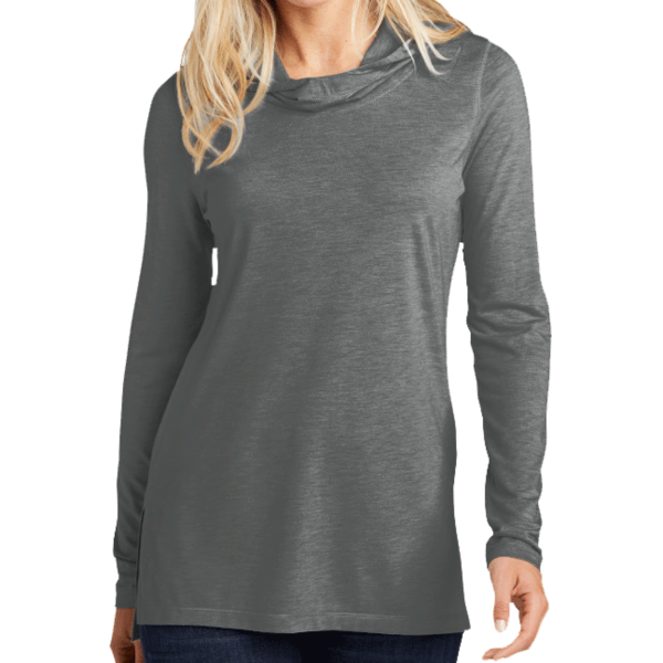 Sport Tek Women's PosiCharge ® Tri Blend Wicking Long Sleeve Hoodie, Dark Grey Heather, Front view