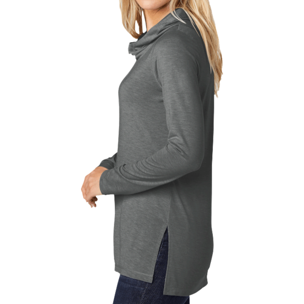 Sport Tek Women's PosiCharge ® Tri Blend Wicking Long Sleeve Hoodie, Dark Grey Heather, Left Sleeve view