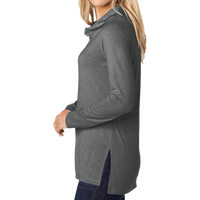 Sport Tek Women's PosiCharge ® Tri Blend Wicking Long Sleeve Hoodie, Dark Grey Heather, Left Sleeve view