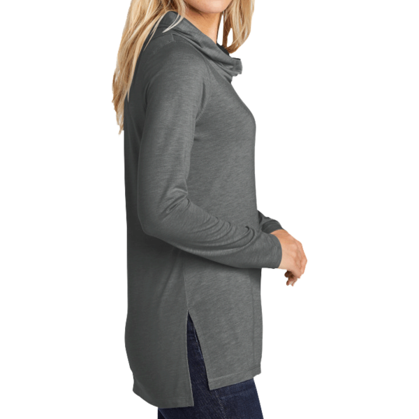 Sport Tek Women's PosiCharge ® Tri Blend Wicking Long Sleeve Hoodie, Dark Grey Heather, Right Sleeve view