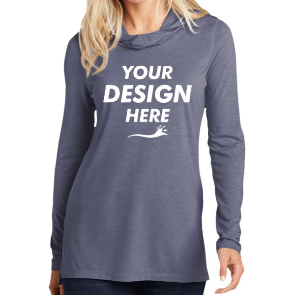 Sport Tek Women's PosiCharge ® Tri Blend Wicking Long Sleeve Hoodie, True Navy Heather, Front view, Mockup