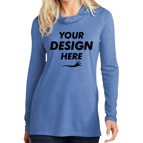 Sport Tek Women's PosiCharge ® Tri Blend Wicking Long Sleeve Hoodie, True Royal Heather, Front view, Mockup