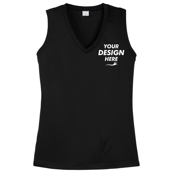 Sport Tek Women's Sleeveless PosiCharge ® Competitor V Neck Tee, Black, Front view, Mockup