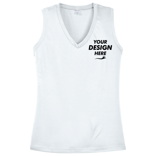 Sport Tek Women's Sleeveless PosiCharge ® Competitor V Neck Tee, White, Front view, Mockup