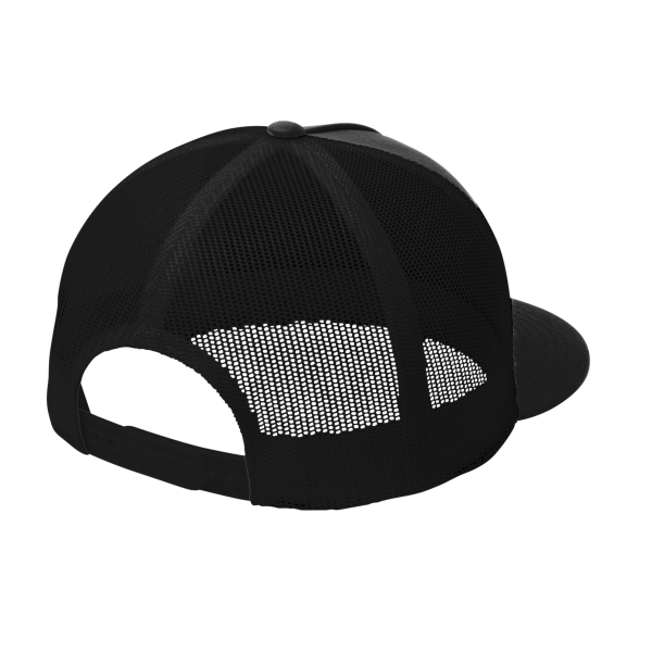 Sport Tek YP Classics ® 5 Panel Classic Trucker Mesh Back Cap, Black / Black / Black, Back view