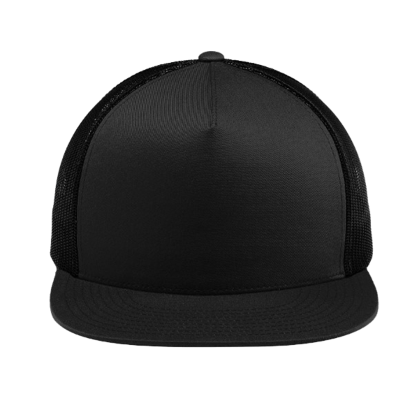 Sport Tek YP Classics ® 5 Panel Classic Trucker Mesh Back Cap, Black / Black / Black, Front view