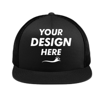 Sport Tek YP Classics ® 5 Panel Classic Trucker Mesh Back Cap, Black / Black / Black, Front view, Mockup