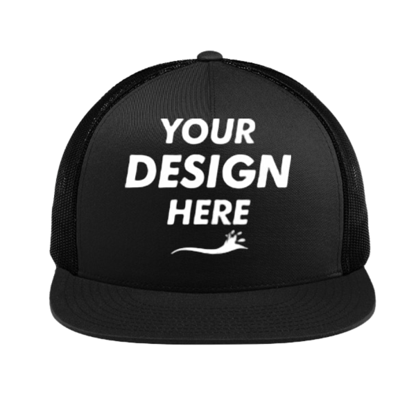 Sport Tek YP Classics ® 5 Panel Classic Trucker Mesh Back Cap, Black / Black / Black, Front view, Mockup