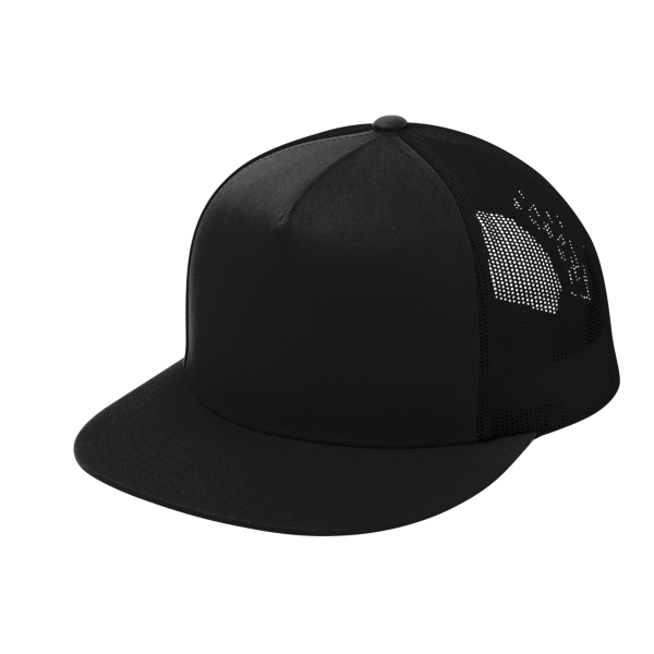 Sport Tek YP Classics ® 5 Panel Classic Trucker Mesh Back Cap, Black / Black / Black, Left Side view