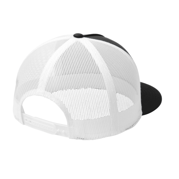Sport Tek YP Classics ® 5 Panel Classic Trucker Mesh Back Cap, Black / White / White, Back view