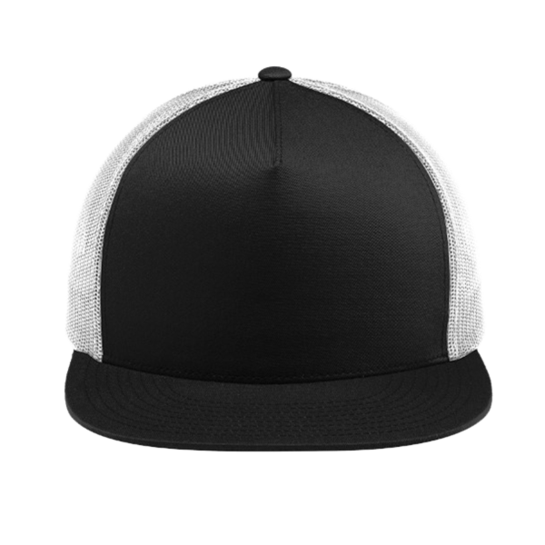 Sport Tek YP Classics ® 5 Panel Classic Trucker Mesh Back Cap, Black / White / White, Front view