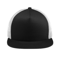 Sport Tek YP Classics ® 5 Panel Classic Trucker Mesh Back Cap, Black / White / White, Front view