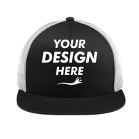 Sport Tek YP Classics ® 5 Panel Classic Trucker Mesh Back Cap, Black / White / White, Front view, Mockup