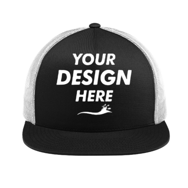 Sport Tek YP Classics ® 5 Panel Classic Trucker Mesh Back Cap, Black / White / White, Front view, Mockup