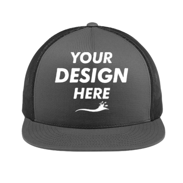 Sport Tek YP Classics ® 5 Panel Classic Trucker Mesh Back Cap, Graphite / Graphite / Graphite, Front view, Mockup