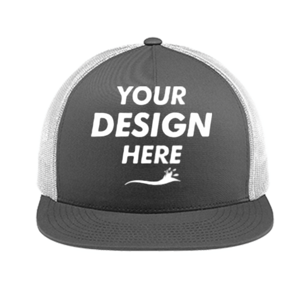 Sport Tek YP Classics ® 5 Panel Classic Trucker Mesh Back Cap, Graphite / White / White, Front view, Mockup