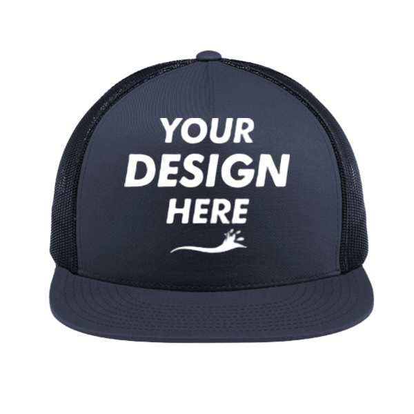 Sport Tek YP Classics ® 5 Panel Classic Trucker Mesh Back Cap, True Navy / True Navy / True Navy, Front view, Mockup