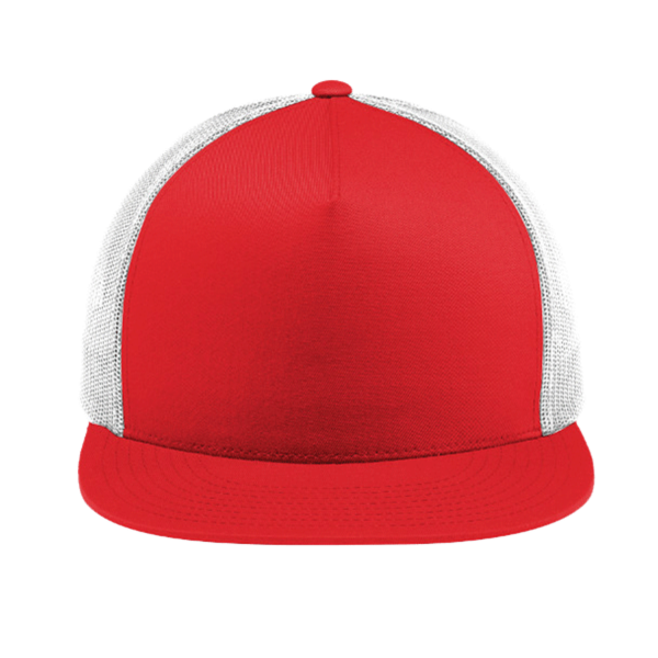 Sport Tek YP Classics ® 5 Panel Classic Trucker Mesh Back Cap, True Red / White / White, Front view
