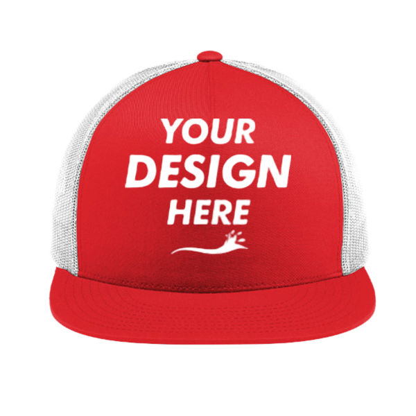 Sport Tek YP Classics ® 5 Panel Classic Trucker Mesh Back Cap, True Red / White / White, Front view, Mockup