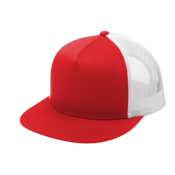 Sport Tek YP Classics ® 5 Panel Classic Trucker Mesh Back Cap, True Red / White / White, Left Side view