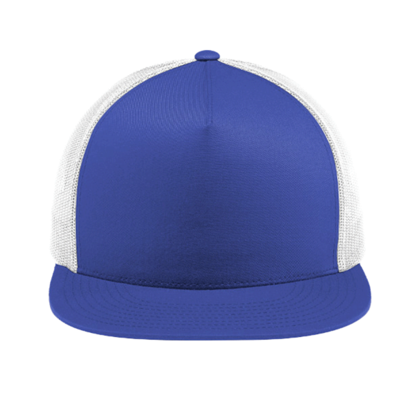 Sport Tek YP Classics ® 5 Panel Classic Trucker Mesh Back Cap, True Royal / White / White, Front view