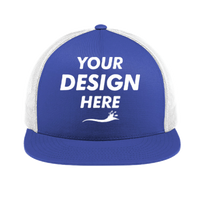 Sport Tek YP Classics ® 5 Panel Classic Trucker Mesh Back Cap, True Royal / White / White, Front view, Mockup