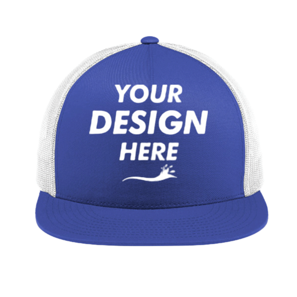 Sport Tek YP Classics ® 5 Panel Classic Trucker Mesh Back Cap, True Royal / White / White, Front view, Mockup