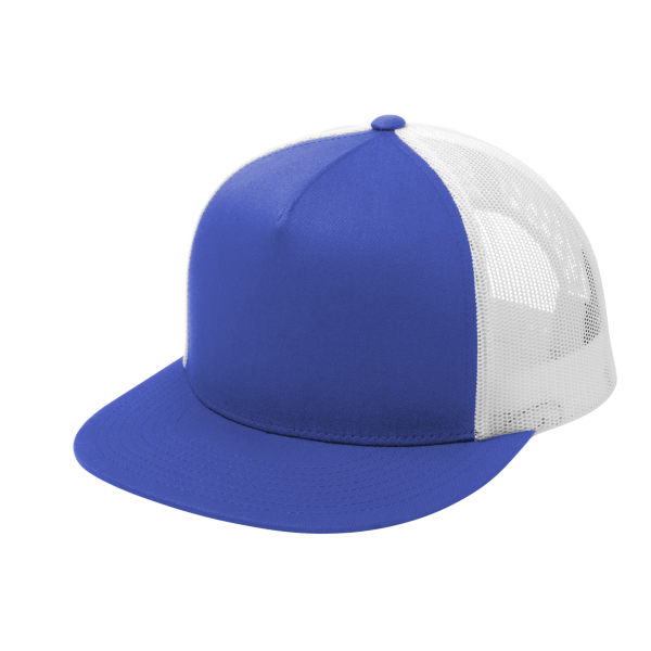 Sport Tek YP Classics ® 5 Panel Classic Trucker Mesh Back Cap, True Royal / White / White, Left Side view