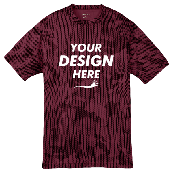 Sport Tek Youth CamoHex Tee, Maroon, Front view, Mockup