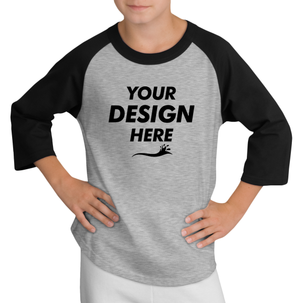Sport Tek Youth Colorblock Raglan Jersey, Heather Grey / Black, Front view, Mockup