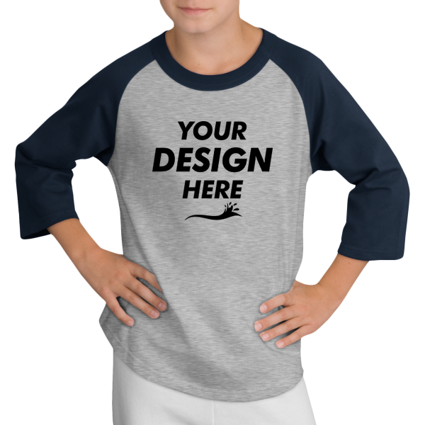 Sport Tek Youth Colorblock Raglan Jersey, Heather Grey / Navy, Front view, Mockup