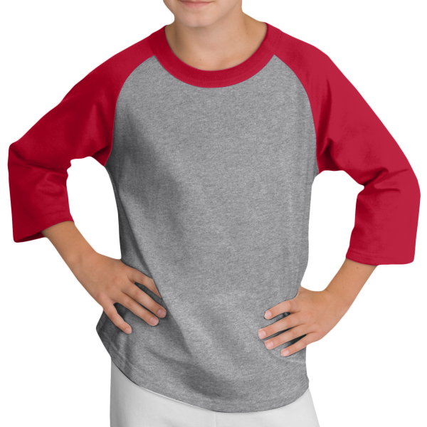 Sport Tek Youth Colorblock Raglan Jersey, Heather Grey / Red, Front view