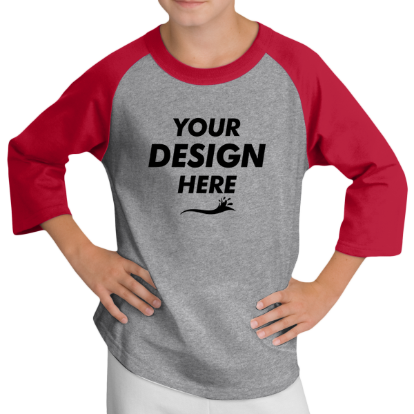 Sport Tek Youth Colorblock Raglan Jersey, Heather Grey / Red, Front view, Mockup