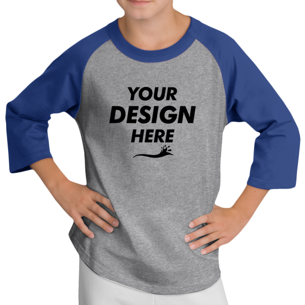 Sport Tek Youth Colorblock Raglan Jersey, Heather Grey / Royal, Front view, Mockup
