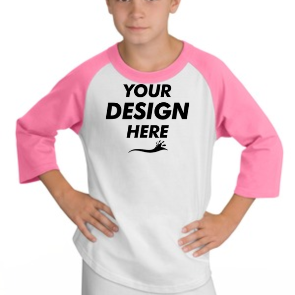Sport Tek Youth Colorblock Raglan Jersey, White / Bright Pink, Front view, Mockup