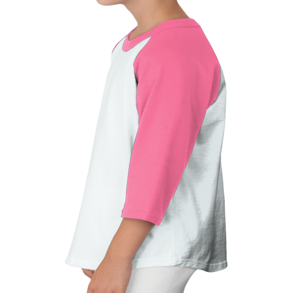 Sport Tek Youth Colorblock Raglan Jersey, White / Bright Pink, Left Sleeve view