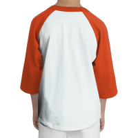 Sport Tek Youth Colorblock Raglan Jersey, White / Deep Orange, Back view